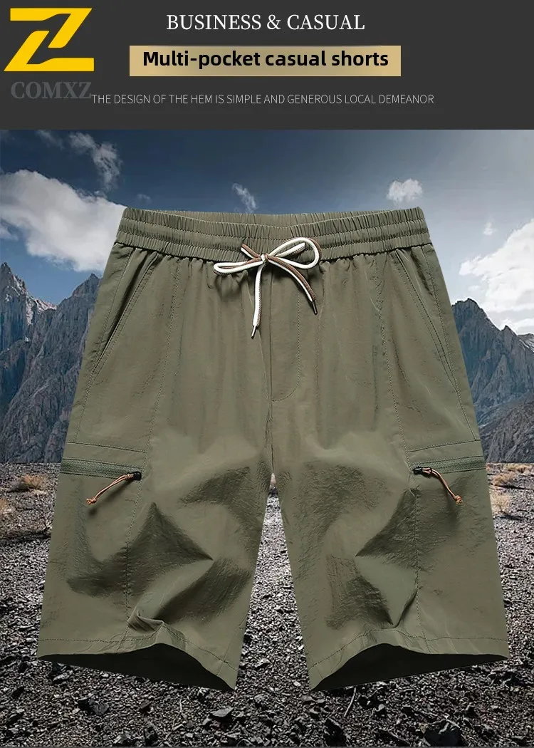 Men Casual Pants Quick Drying Breathable Sweat Absorbing Sports Shorts Elastic Waist Pocket Zipper Outdoor Camping Hiking Shorts