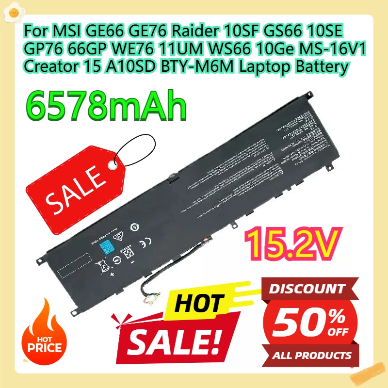 

For MSI GE66 GE76 Raider 10SF GS66 10SE GP76 66GP WE76 11UM WS66 10Ge MS-16V1 Creator 15 A10SD BTY-M6M Laptop Battery