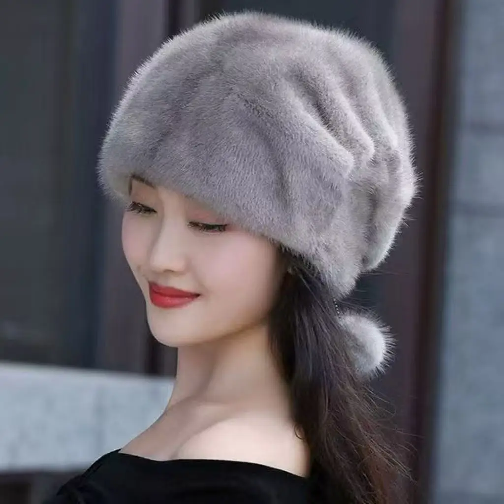 2026 New Wholesale Women Waterproof Eco-Friendly Faux Mink Fur Beanie Hat Fashion Solid Color Winter Warm Faux Fur Hat For Femal