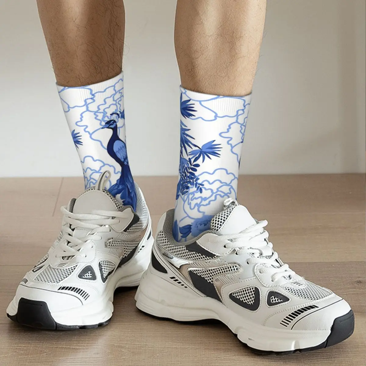 Funny Happy Men\'s Socks Delft Blue Chinoiserie Fengshui Oriental Garden With Peacocks Hip Hop Pattern Crew Crazy Sock Gift