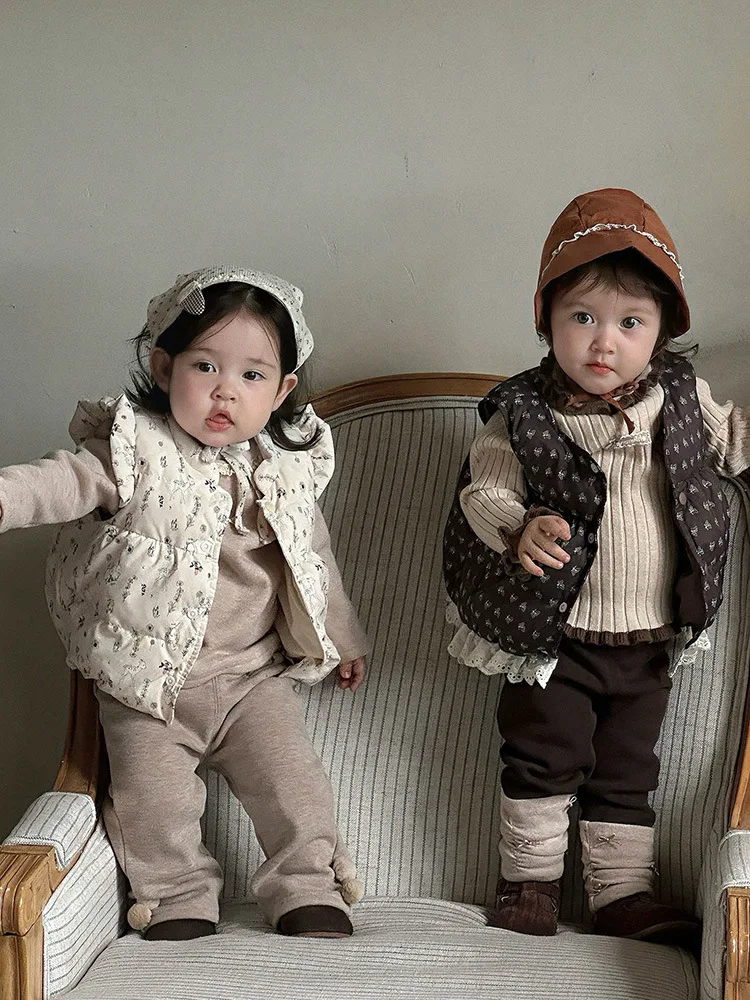 الفتيات أسفل سترة الخريف الشتاء جديد لطيف طفلة الدانتيل طباعة سترة الرضع الدافئة جاكيت بلا إكمام فئة #5