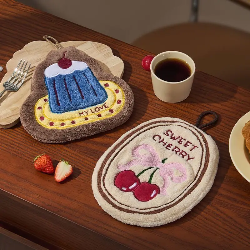 Cherry Cake Hand Towel Hanging Cute Hand Towel Kitchen Bathroom Absorbent Cloth Thick Quick Dry Handkerchief