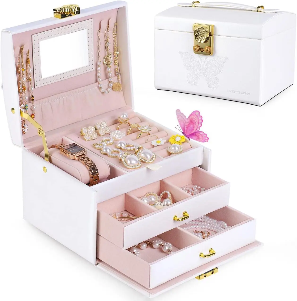 

Jewelry Box for Girls & Women, 3-Layer PU Leather Jewelry Organizer with Mirror, Travel Jewelry Case for Earrings, Rings