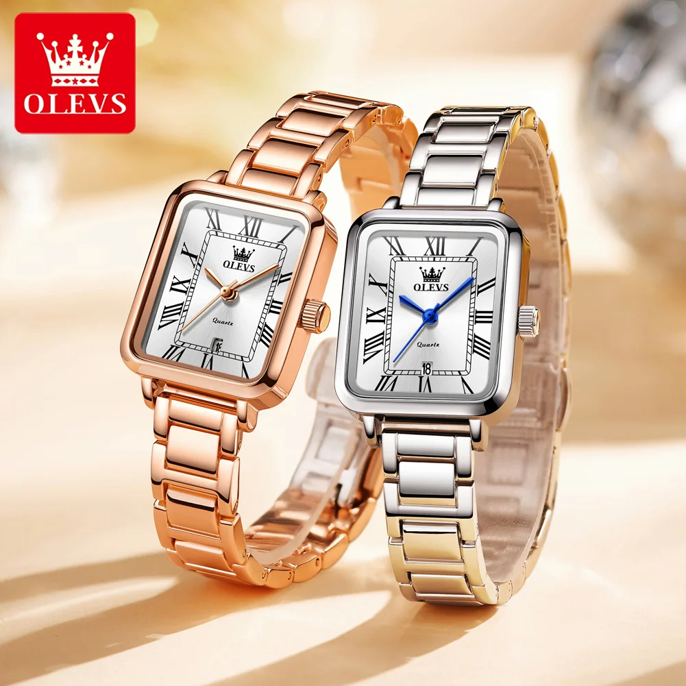 OLEVS heiße marke frauen uhr rechteckige zifferblatt römische skala datum weibliche armbanduhr silber wasserdicht klassische quarz dame uhren