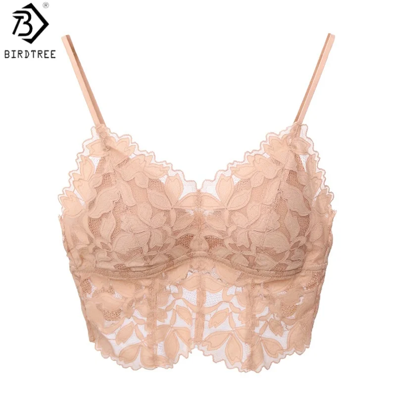 

Подкладка Birdtree, 100% шелковая кружевная базовая майка, женский однотонный осенний сексуальный жилет с v-образным вырезом и мягкими чашками T59137JF