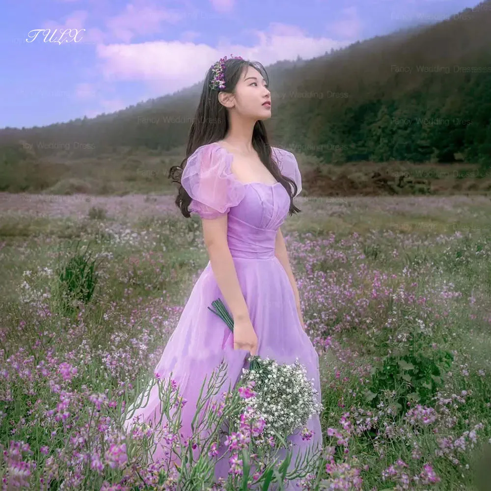 

TULX Princess Purple Organza Korea Wedding Dress Garden Photo Shoot Square Puff Sleeves Evening Dress Long Corset Customized