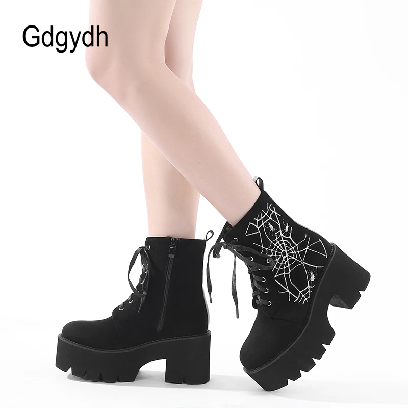 Gdgydh Fashion Embroider Womens Goth Platform Boots Round Toe Chunky Ankle Boots Punk Boots Lace Up&Zipper Suede Combat Boots