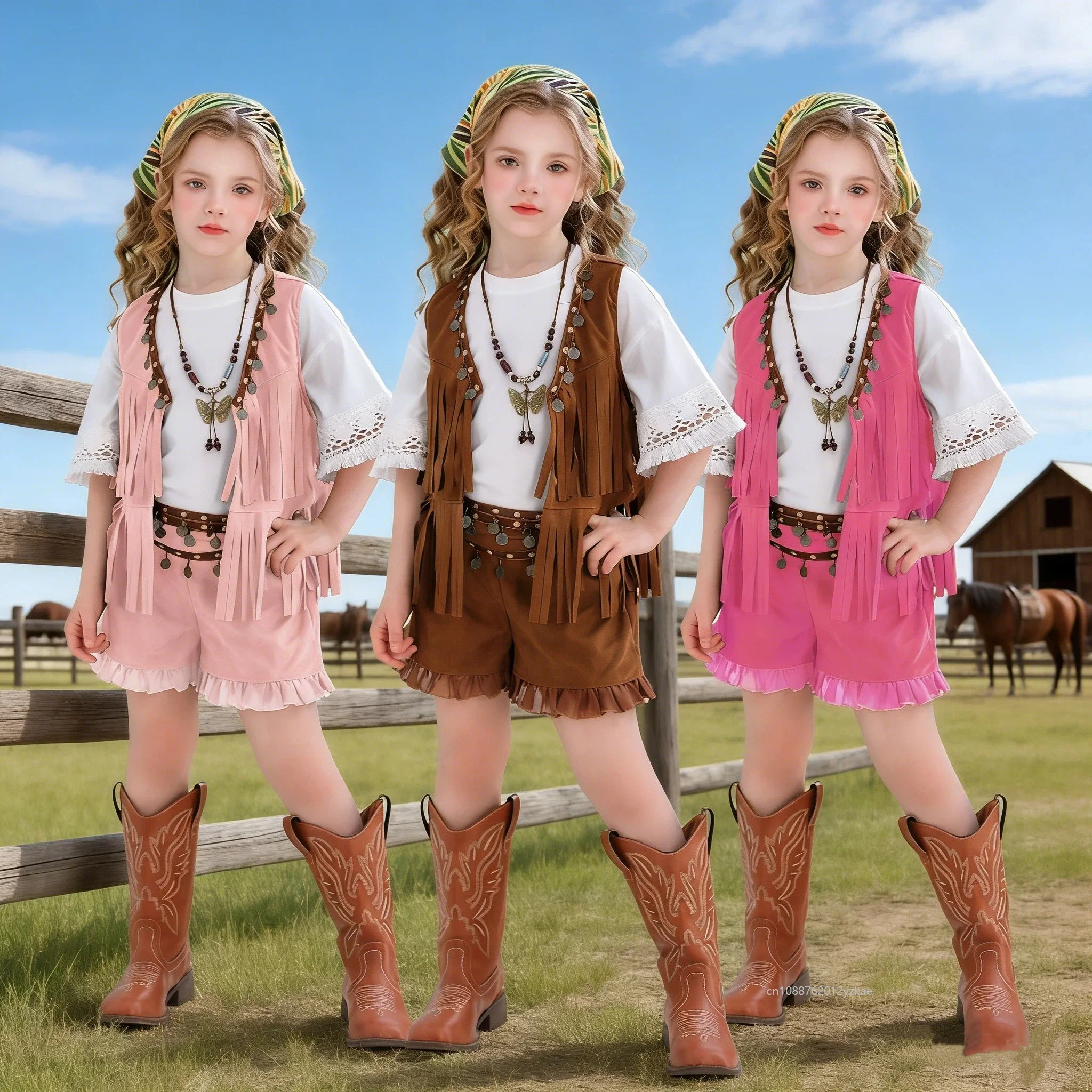 

Enfant Clothing Tassel Retro Bohemian Carnival Costume Chica Western Cowboy Role-playing Theme Party Vest Shorts Stage Set 2026