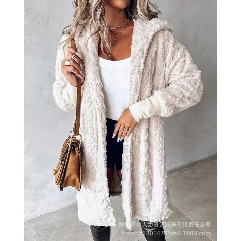 Fuzzy Textured Autumn Jackets Coats Buttoned Trend Plush Long Sleeve Coat Outwear Women Solid Color Fleece Hooded Coats