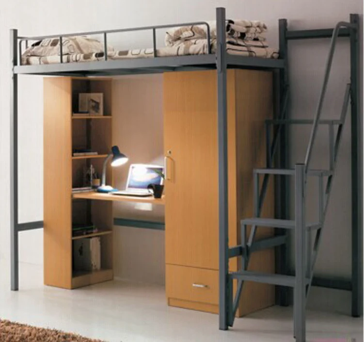 Modern loft bed with contemporary furniture desk in boarding school dormitory