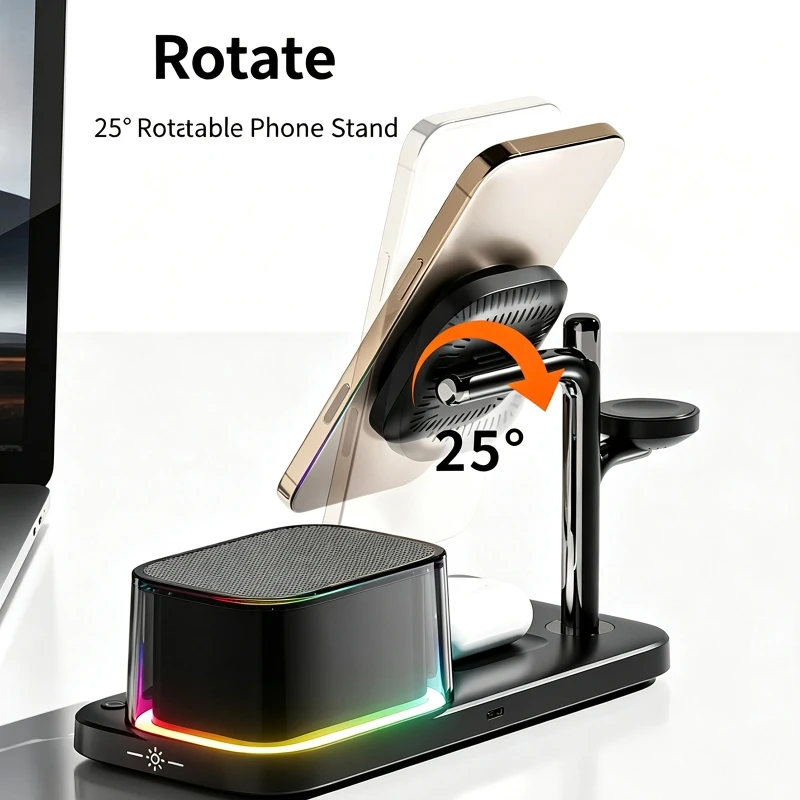 25W 5-in-1 Magnetic Wireless Charger for Phone and Watch Bluetooth Speaker Alarm Clock Night Light Fast Charging Station Qi2