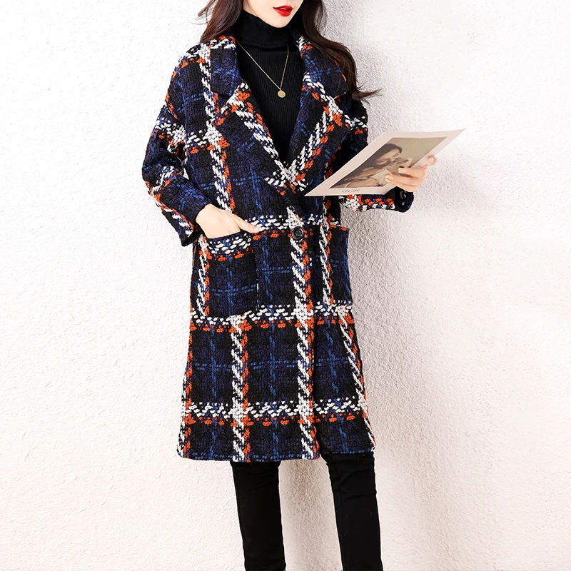 

Long Tweed Coat Women Outwear 2023 New Autumn Winter Wool Jacket Female Overcoat Thicke Warm Plaid Woolen Windbreaker Coat Casac