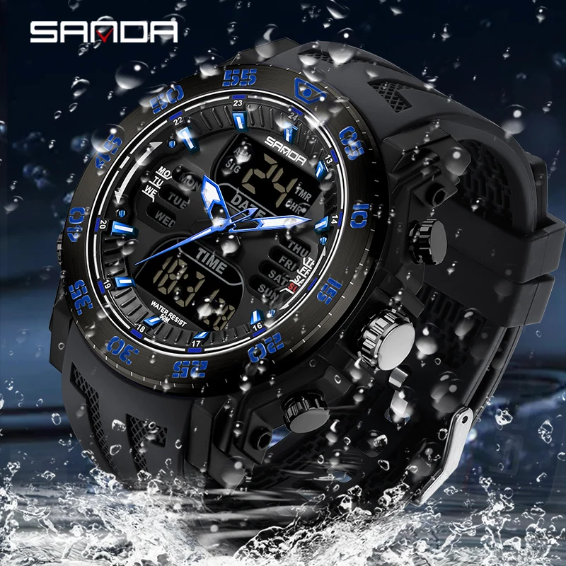 SANDA-reloj deportivo de cuarzo para hombre, cronógrafo de pulsera militar, resistente al agua, Digital, LED, esfera grande