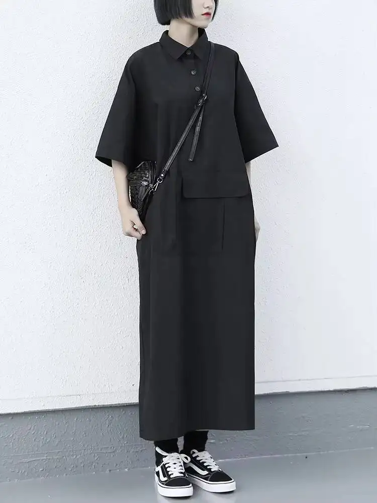 

Lady Dress Summer New Japanese Retro Dark Shirt Collar Design Fashion Trend Casual Loose Large Dress