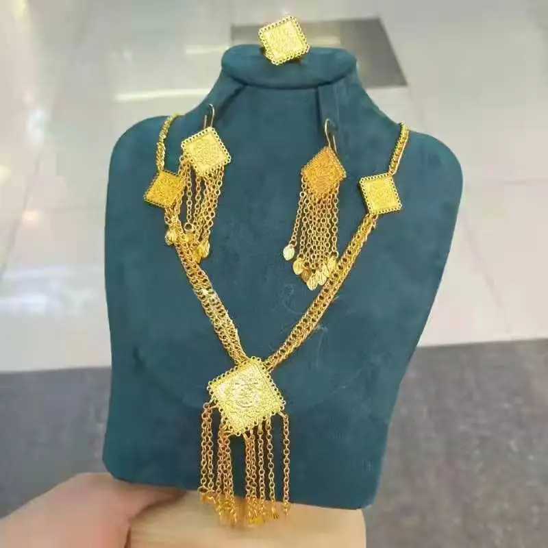 

All-match fashion Square Tassel Jewelry Ring Earrings Necklace Three-Piece Set CHD20864