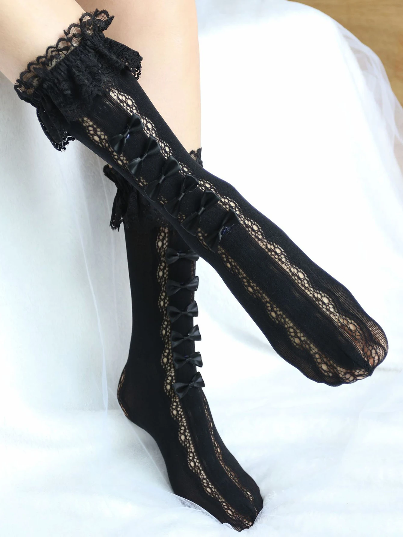 1 Pair of Bow Shaped Mid Length Stockings JK Girls Lace Lace Stockings Lolita Princess Coa Long Length Lace Bow Shaped Stockings