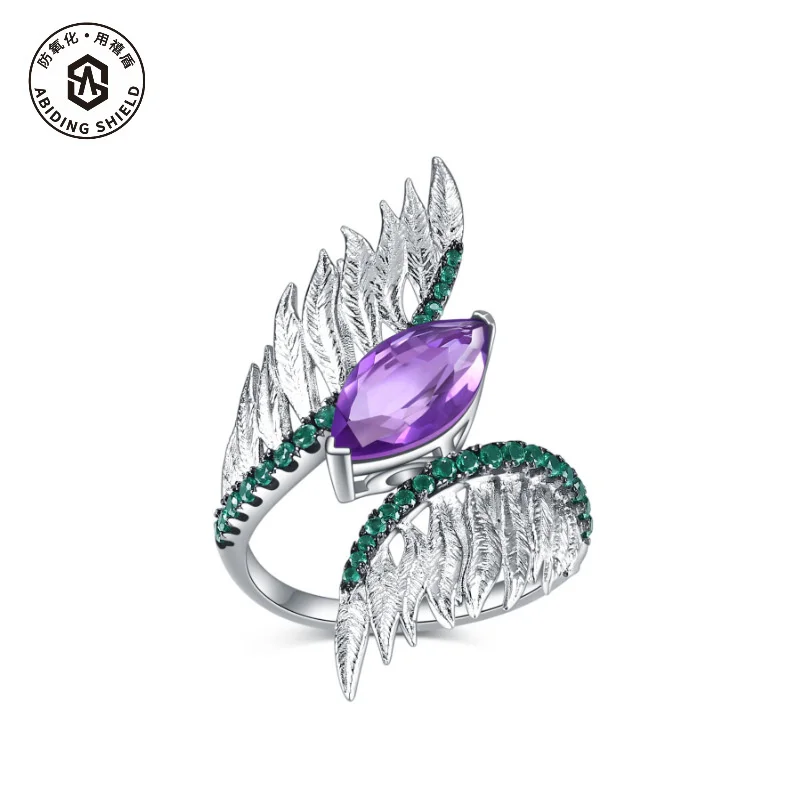 

Luxury brand genuine real jewels Designer Angel Wing Italian Style 925 Silver Inlaid Natural Color Treasure Amethyst Ring high q