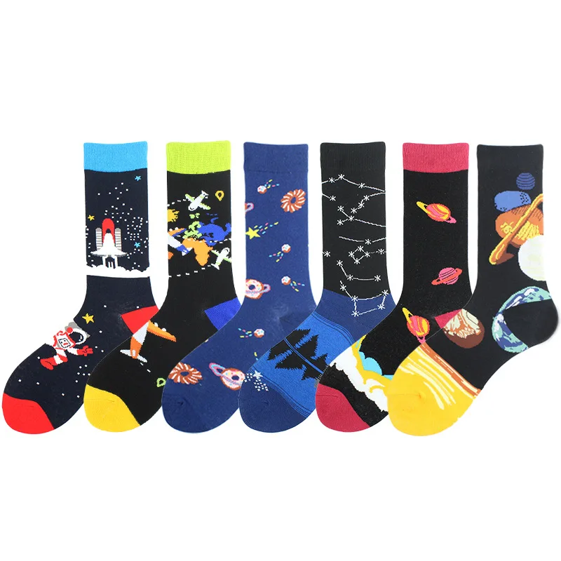 Happy Funny Unisex Painting UFO Astronaut Outer Space Rocket Men Crew Socks Male Boys Streetwear Cotton Causal Skateboard Sox