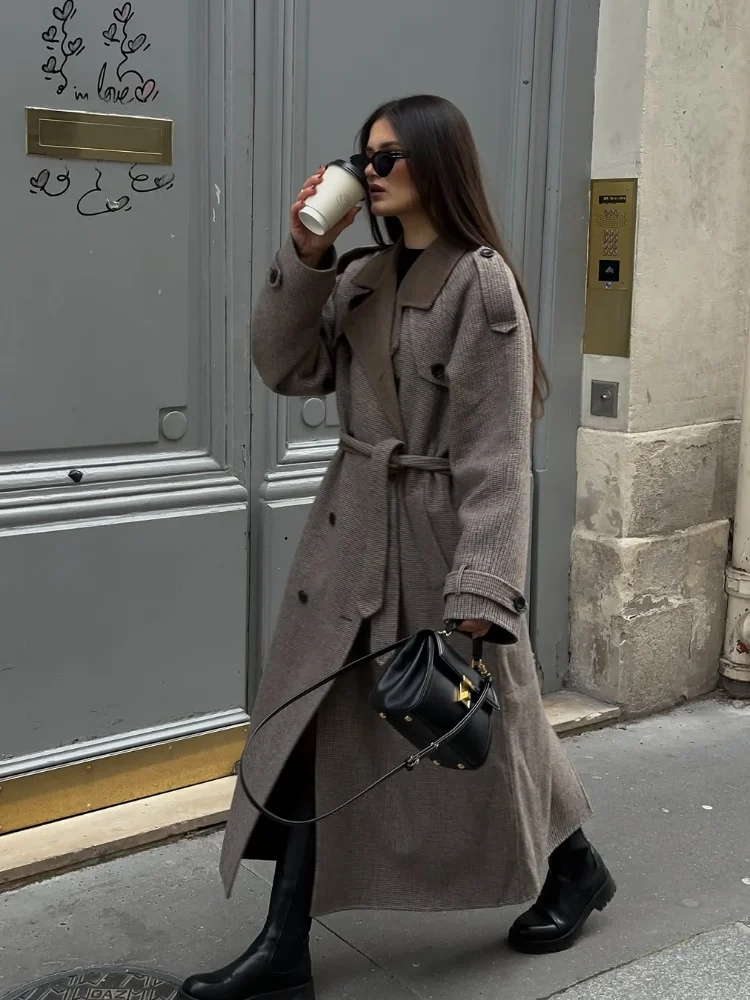 Moda xadrez lapela de lã maxi feminino casual rendas até cintura cinching duplo breasted casacos 2025 novo inverno rua outwear