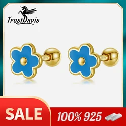 TrustDavis 2024 Real 925 Sterling Silver 18K Gold Glaze Flower Screw Stud Earrings for Daughter Girls Fine Jewelry Gift DF269