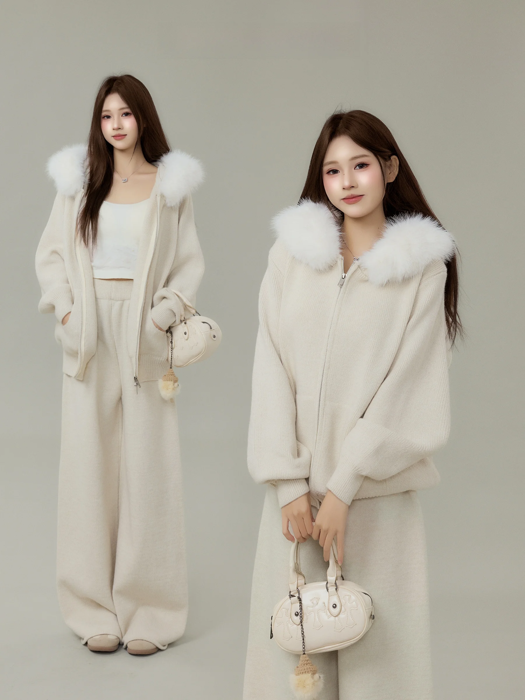 

Корейский повседневный вязаный комплект: свитер и брюки прямого кроя с капюшоном для женщин, осень-зима, модный комплект из двух предметов