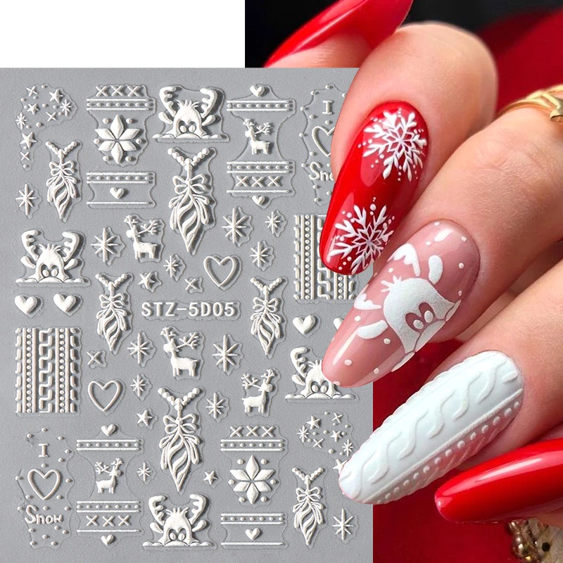 Elegante fiocco di neve bianco adesivi per unghie 5D maglione invernale fiore di neve cervo nail art gel cursori decalcomanie in rilievo di Natale Decorati