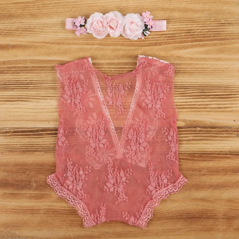 New Baby Lace Romper Headband Set Newborn Photography Props Bodysuit Jumpsuit with Flower Hair Band Infants Fotografie Outfits