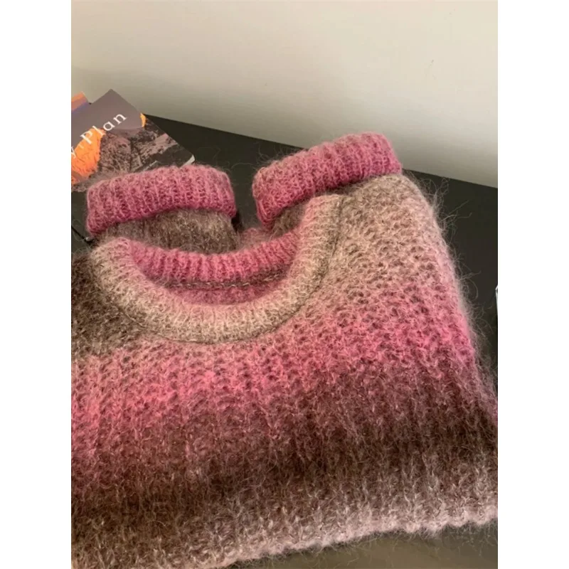 Gradient Color Round Neck Long Sleeve Mohair Sweater Autumn and Winter Women's Lazy Loose Casual Pullover Short Sweater