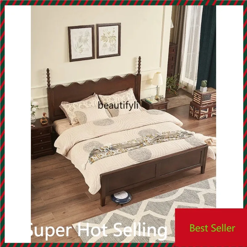 

K132 American Style French Style Retro Solid Wood Cherrywood Double Bed Modern Minimalist Bedroom Big Bed Master Bedroom Marriag