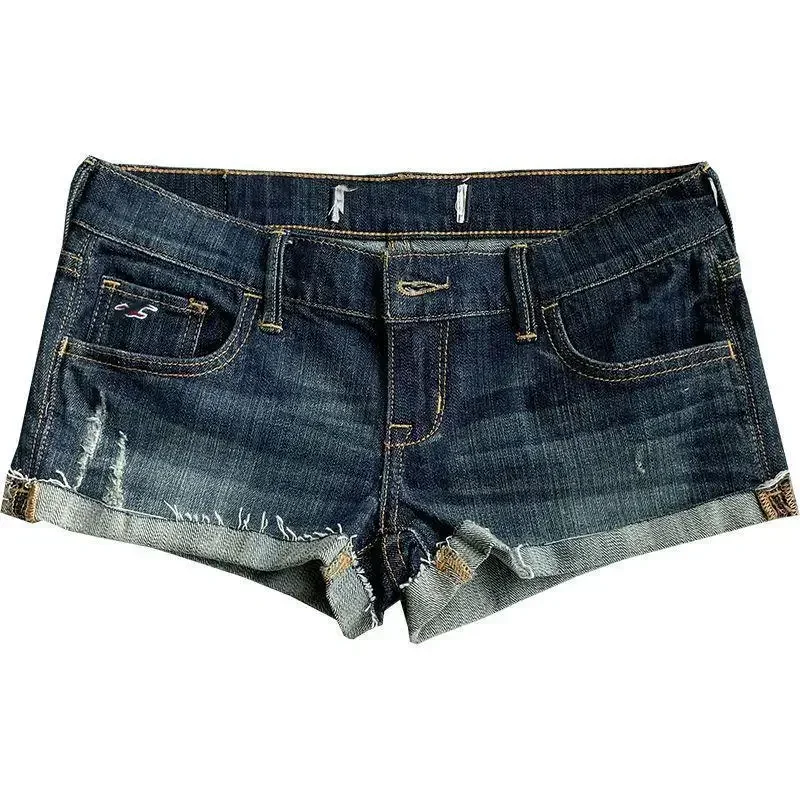 Calções jeans baixo cintura elástica apertada enrolada, menina rua casual hip wrap, mini shorts sexy, verão, novo, quente