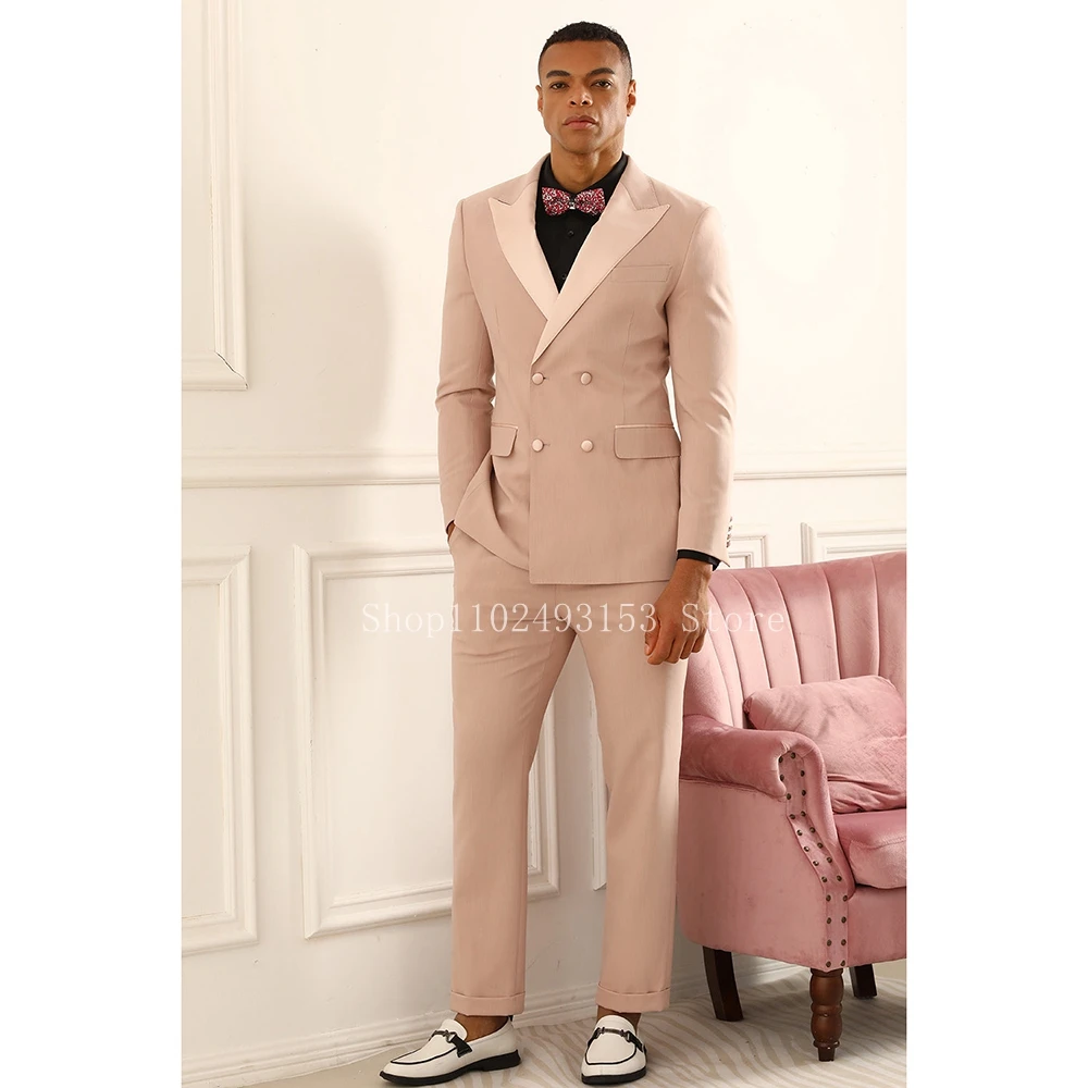 2023 New Fashion Pink Men Suits Slim Fit Peak Lapel Double Breasted 2 Pieces Male Tuxedos For Wedding Blazer Pants Costume Homme