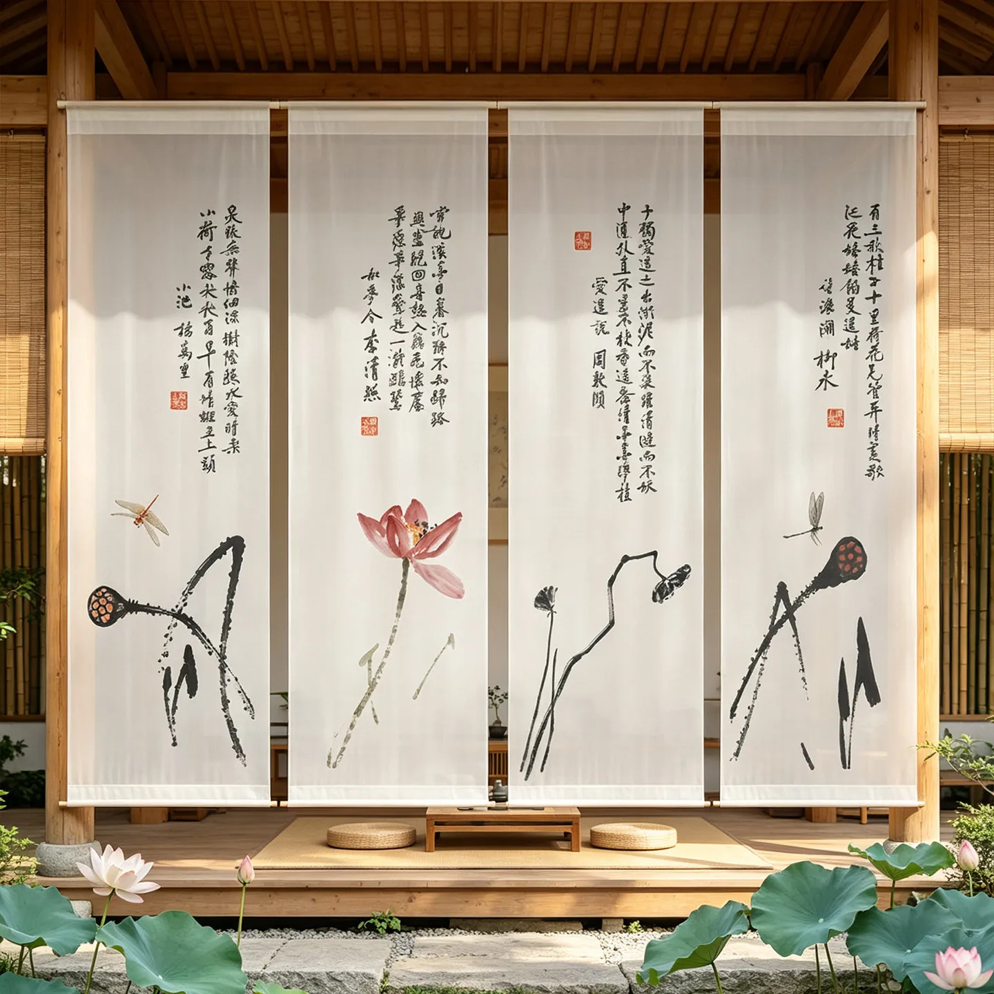 Ink Lotus Hanging Room Divider – Semi Transparent Chiffon Curtain for Zen Tea Room, Meditation Space & Garden Backdrop