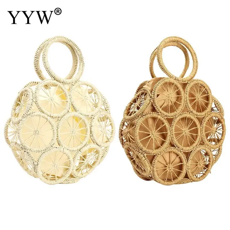 Round Lemon Pattern Tote Handbag INS Trendly Summer Women Wheat Straw Soft Hollow Storage Bag Paper Rope Handmade Lady Purse