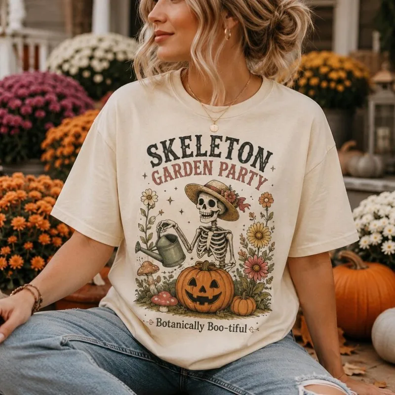 Women Skeleton Garden Party Graphic T‑Shirt Retro Fall Pumpkin Floral Print Short Sleeve Tee Halloween Vintage Loose Top