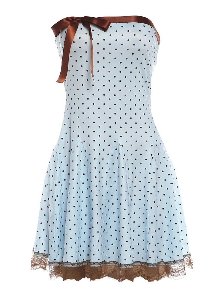 Weird Puss Bow Dekorations-Minikleid für Damen, Polka-Dot-Print, Wickel-Design, rückenfrei, Spitzenkante am Saum, Geburtstagsparty, elegantes Bodycon-Kleid – Detail 2