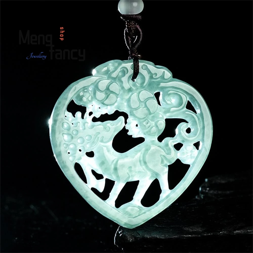 Natural A-goods Jadeite Blue Water a Deer Have You Ethnic Style Couple Jade Pendant Exquisite Mascot Fashion Luxury Fine Jewelry
