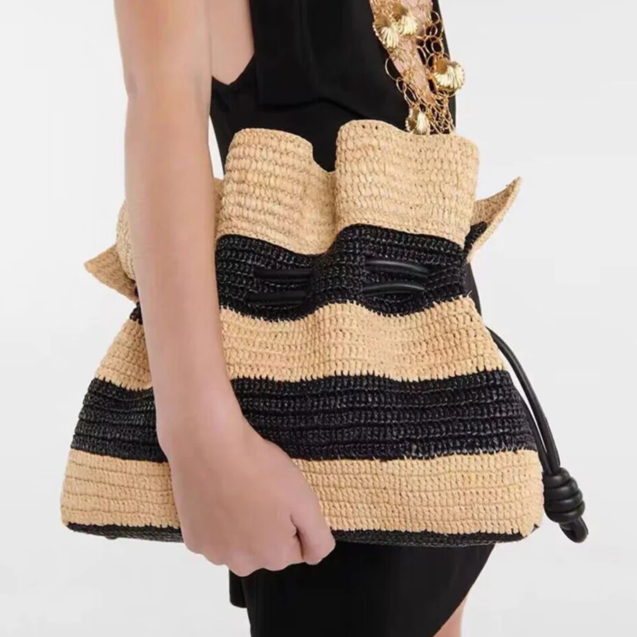 Summer New Stripe Crochet Straw Bag Patchwork Shoulder Bags Casual Rattan Woven Tote Bag Closed Women's Bag Beach Large Handbags