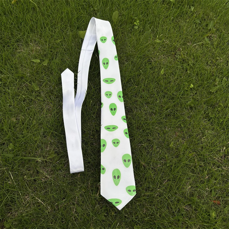 Y Demo Harajuku Y2K Alien Face Print Skinny Tie White Pattern Printing Slim Necktie Accessory