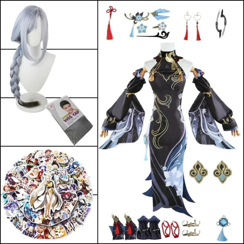 Game Genshin Shenhe Cosplay Frostflower Dew Lantern Rite Outfits Black Slim Cheongsam Costume Shen He Halloween Party Clothes