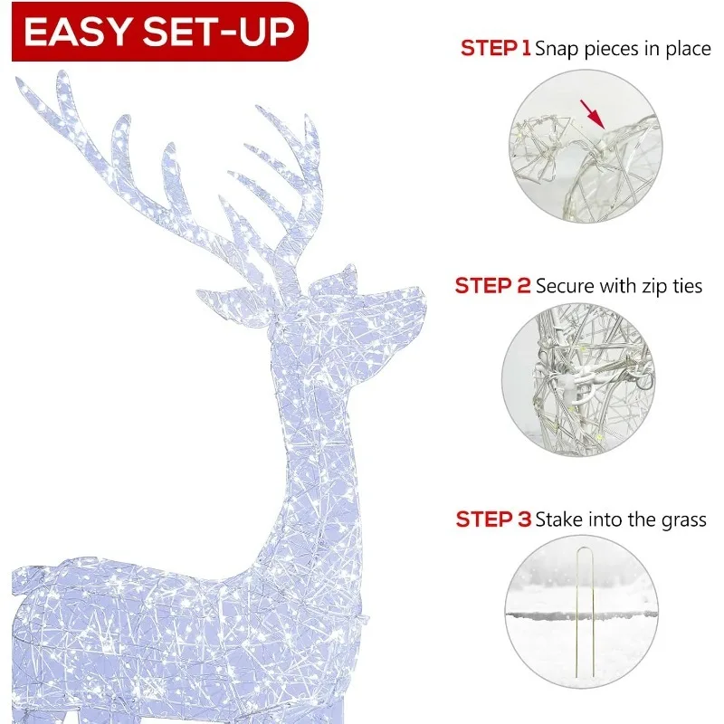 عائلة رنة عيد الميلاد الخارجية المضاءة ثلاثية الأبعاد بطول 4.5 قدم، 1 660 مصباح LED أبيض، أوتاد أرضية، ربطات عنق بسحاب لتزيين العطلات