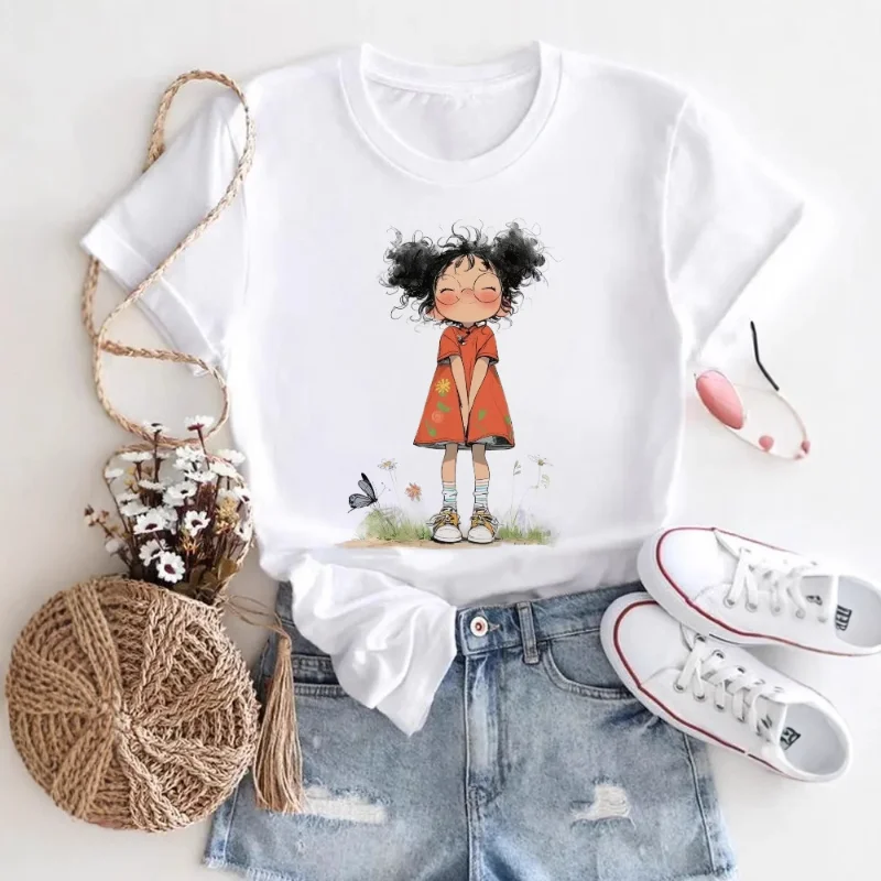 Summer Casual Harajuku T-shirt for Women Cartoon Cute Girl Print Round Neck Short Sleeve Sweet Graphic Travel Polyester Fiber