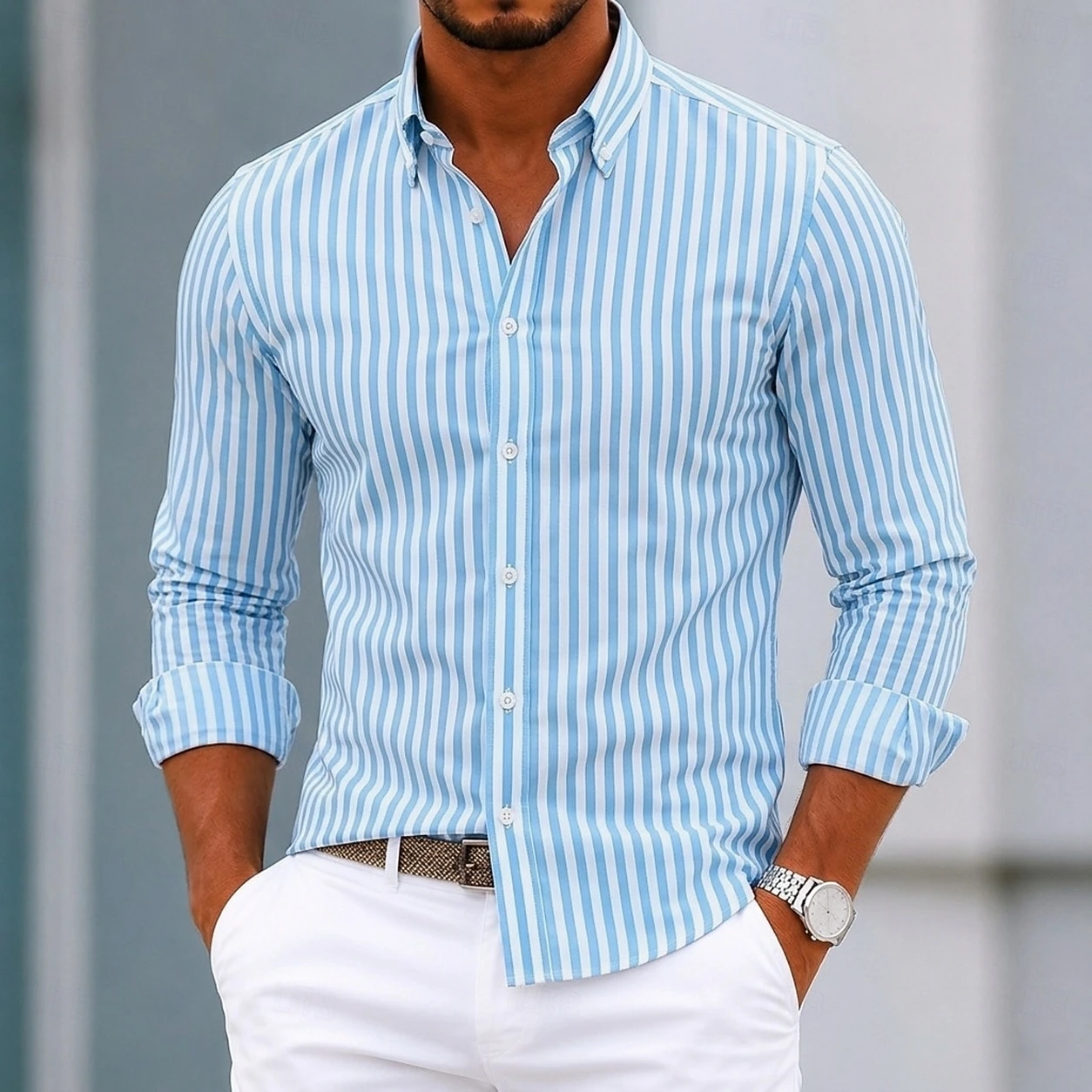 Men's black and white checkered long-sleeved shirt, collared checkered shirt, versatile business casual men's top.