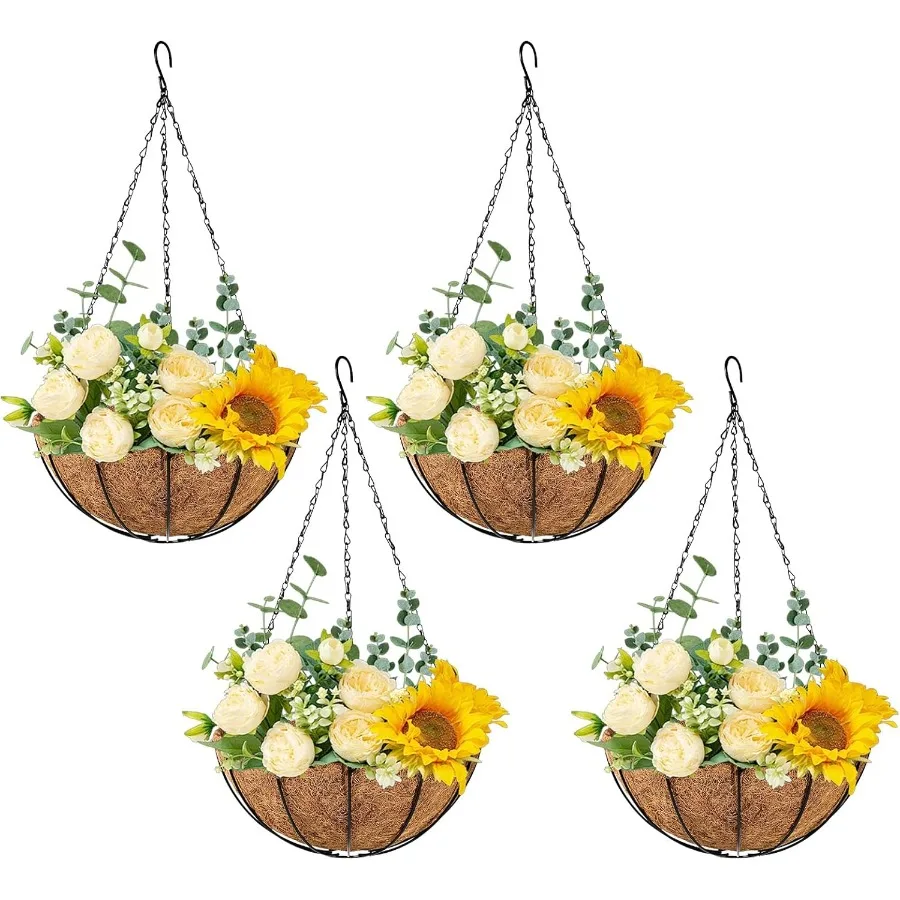 

4pcs 12 inch Black Metal Hanging Flower pots with Coco LinerHanging Baskets Hanging pots for Plants Outdoor Indoor 12 inch