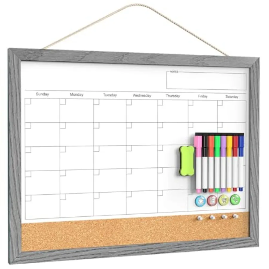 

Calendar board for Wall, 18x24 Inch Dry Erase Calendar Cork Board Combo, Magnetic Monthly Board with Wood Framed, Hanging Dry E
