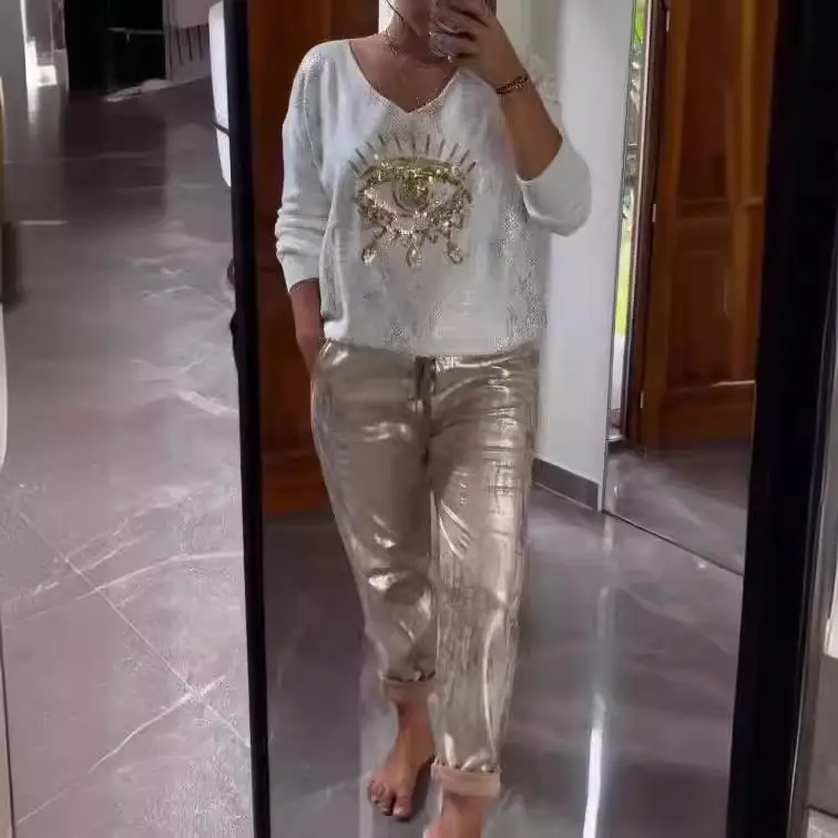 

Women's Large Size Evil Eye Sparkling Top And Pants Set Fashionable Commute Style Long Sleeve Long Pants Three Piece Set