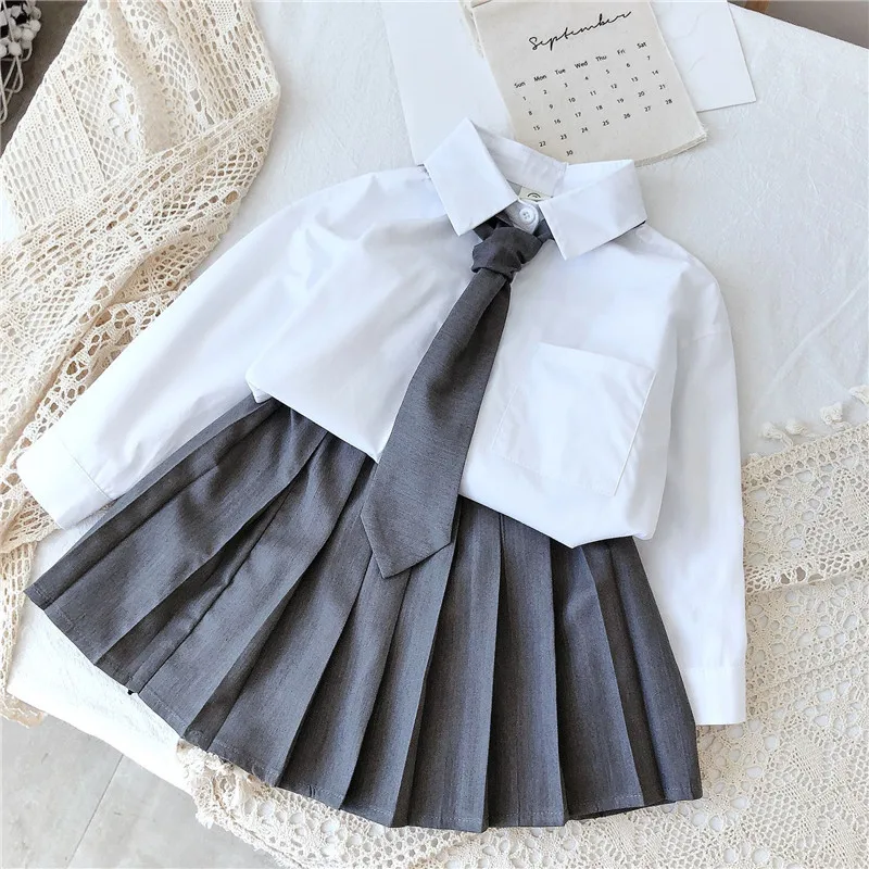 Fashion Korean Long Sleeve Blouse Cardigan skirt with Necktie Fall Little Girls Clothes School Uniform Children Outfit