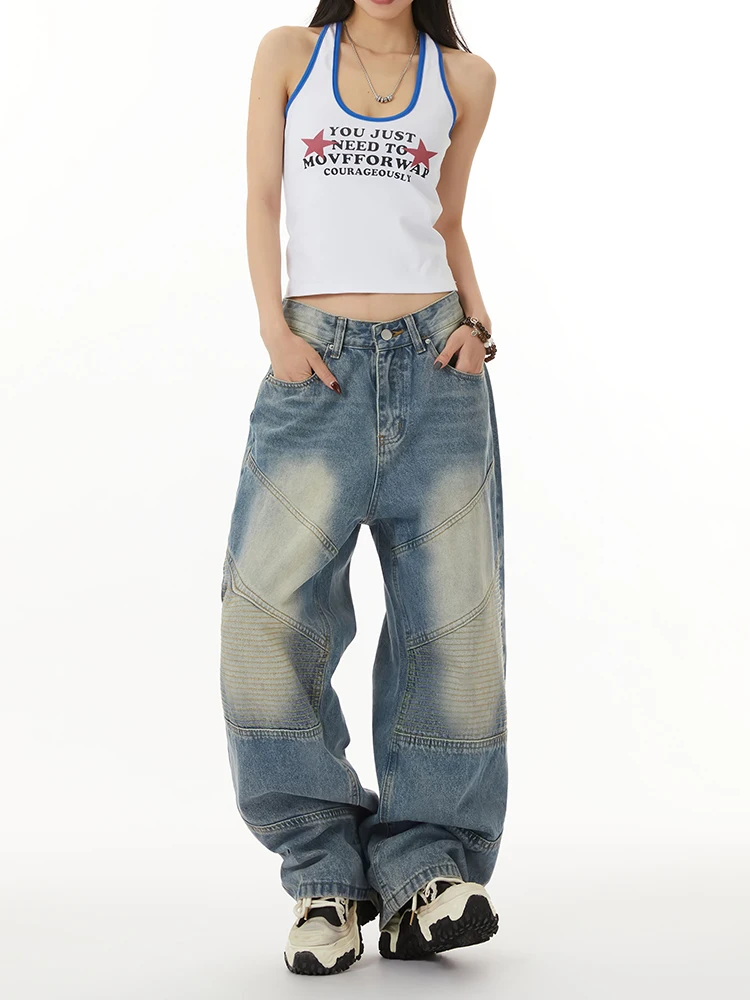 

Женские свободные джинсы прямого кроя в американском ретро-стиле, с эффектом потертости, с естественной талией, из денима, для повседневной носки, осенний сезон