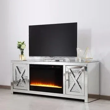 -China Supply Sparkly Crushed Diamond Silver 2 Drawer Mirrored Television Stand With Electric Led Fireplace