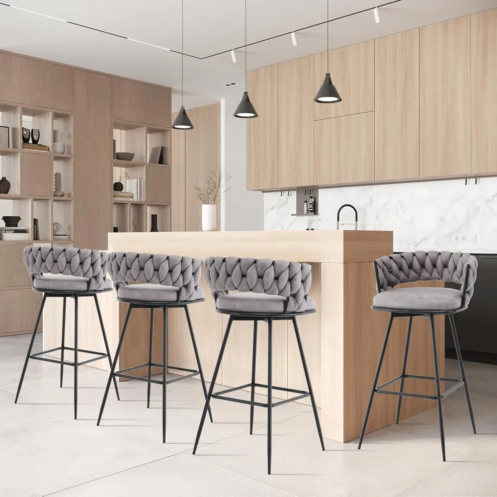 Barstools Bar Height, 360°Swivel Bar Stools Stool Chair Suede Fabric Modern Woven Design Bar Chairs