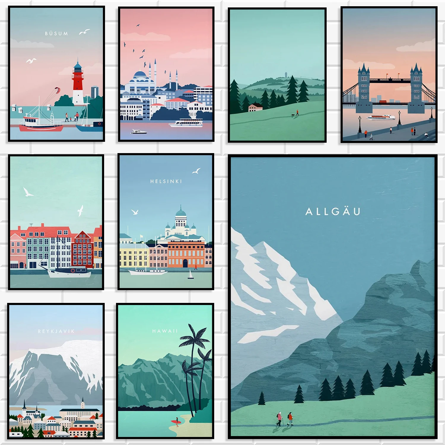 World Famous City Travel Poster Canvas Print Minimalist Illustration London Helsinki Reykjavik Hawaii Landscape Art Home Decor